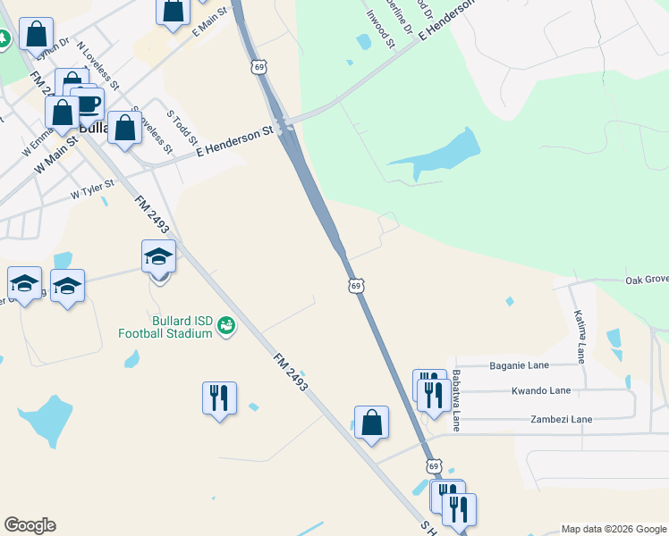 map of restaurants, bars, coffee shops, grocery stores, and more near 432 South Doctor M Roper Parkway in Bullard