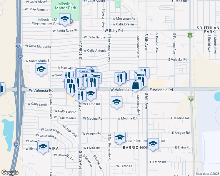 map of restaurants, bars, coffee shops, grocery stores, and more near 222 West Valencia Road in Tucson