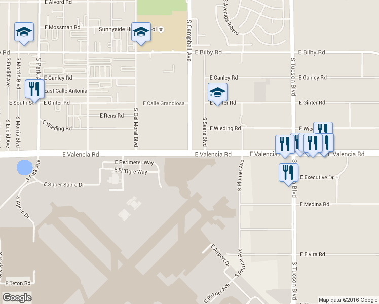map of restaurants, bars, coffee shops, grocery stores, and more near E Valencia Rd & S Campbell Ave in Tucson