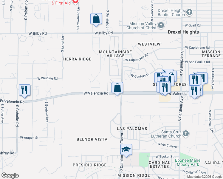 map of restaurants, bars, coffee shops, grocery stores, and more near 3350 West Valencia Road in Tucson