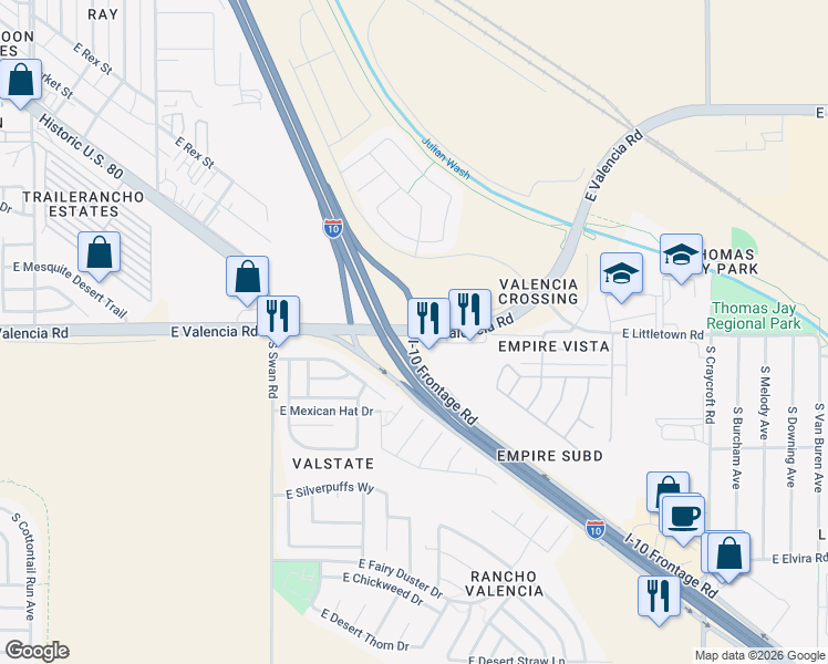 map of restaurants, bars, coffee shops, grocery stores, and more near E Benson Hwy in Tucson