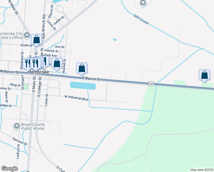 map of restaurants, bars, coffee shops, grocery stores, and more near South Industrial Boulevard in Pembroke