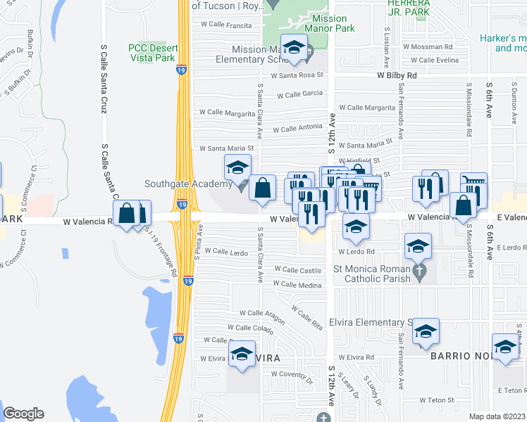 map of restaurants, bars, coffee shops, grocery stores, and more near 760 West Valencia Road in Tucson