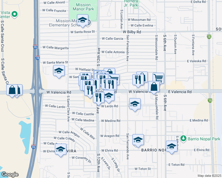 map of restaurants, bars, coffee shops, grocery stores, and more near 402 West Valencia Road in Tucson