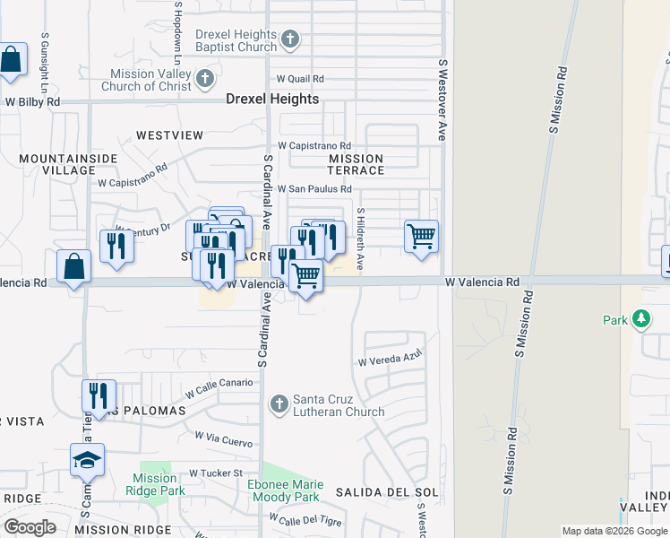 map of restaurants, bars, coffee shops, grocery stores, and more near 2748 West Valencia Road in Tucson
