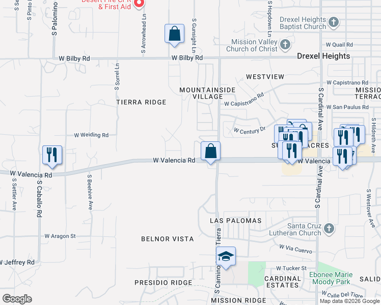 map of restaurants, bars, coffee shops, grocery stores, and more near 6459 South Torden Way in Tucson