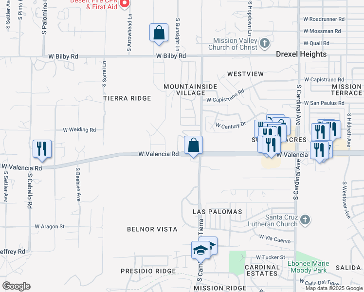 map of restaurants, bars, coffee shops, grocery stores, and more near 3350 West Valencia Road in Tucson
