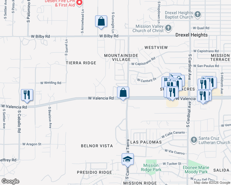 map of restaurants, bars, coffee shops, grocery stores, and more near 3400 West Valencia Road in Tucson