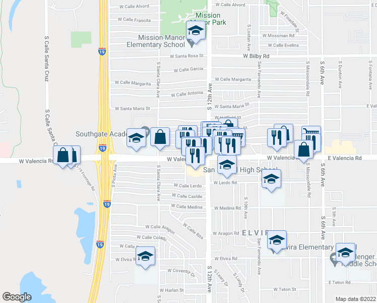 map of restaurants, bars, coffee shops, grocery stores, and more near 670 West Valencia Road in Tucson