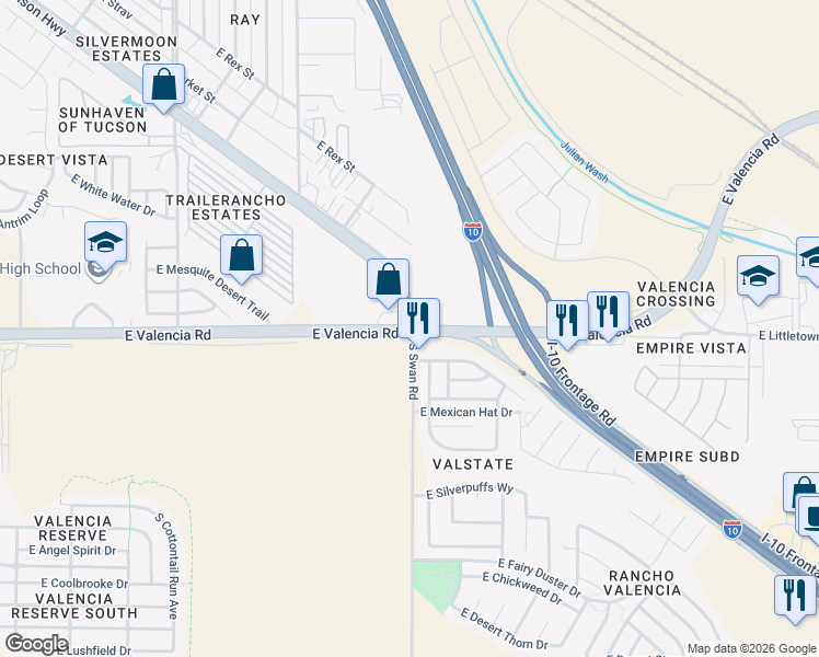 map of restaurants, bars, coffee shops, grocery stores, and more near E Benson Hwy & E Valencia Rd in Tucson