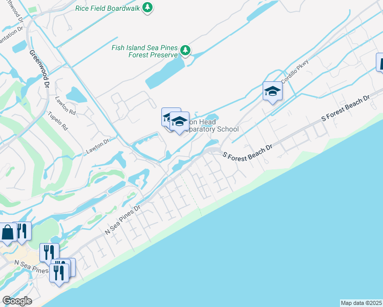 map of restaurants, bars, coffee shops, grocery stores, and more near 4 Night Heron Lane in Hilton Head Island