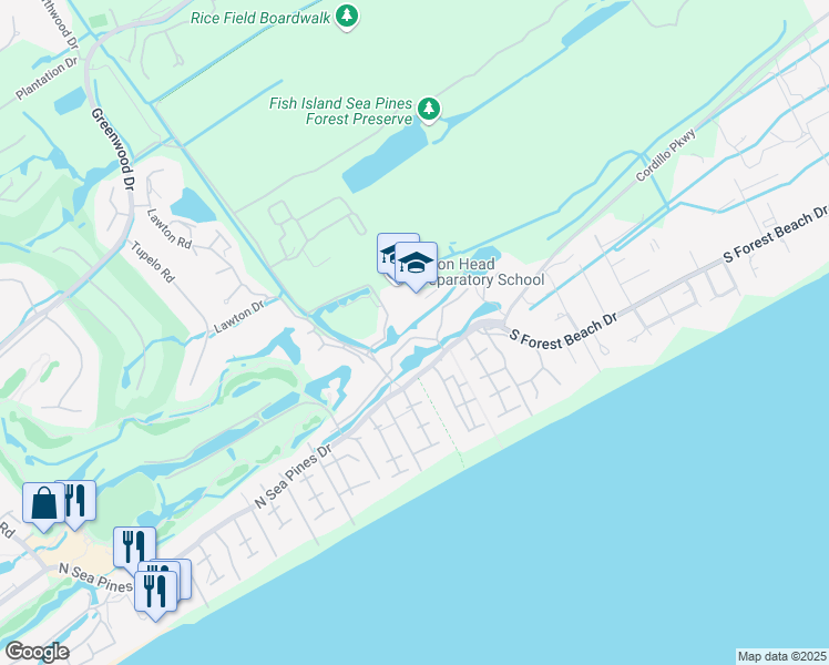 map of restaurants, bars, coffee shops, grocery stores, and more near 50 Night Heron Lane in Hilton Head Island
