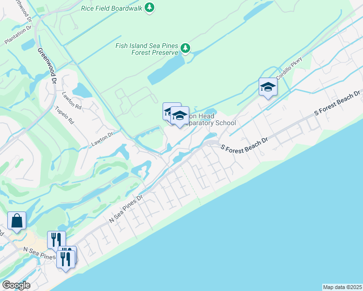 map of restaurants, bars, coffee shops, grocery stores, and more near 50 Night Heron Lane in Hilton Head Island