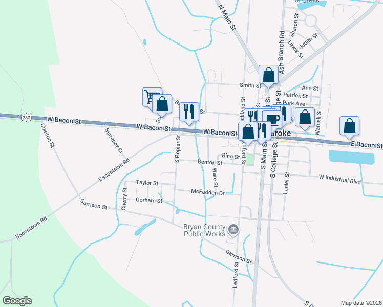 map of restaurants, bars, coffee shops, grocery stores, and more near 256 Benton Street in Pembroke