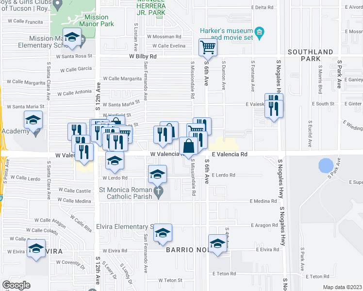 map of restaurants, bars, coffee shops, grocery stores, and more near 190 West Valencia Road in Tucson