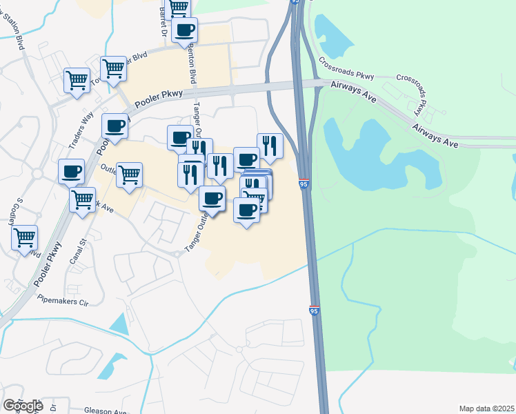 map of restaurants, bars, coffee shops, grocery stores, and more near 200 Tanger Outlets Boulevard in Pooler