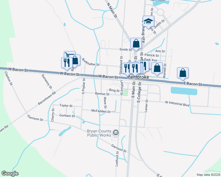 map of restaurants, bars, coffee shops, grocery stores, and more near 159 West Railroad Street in Pembroke