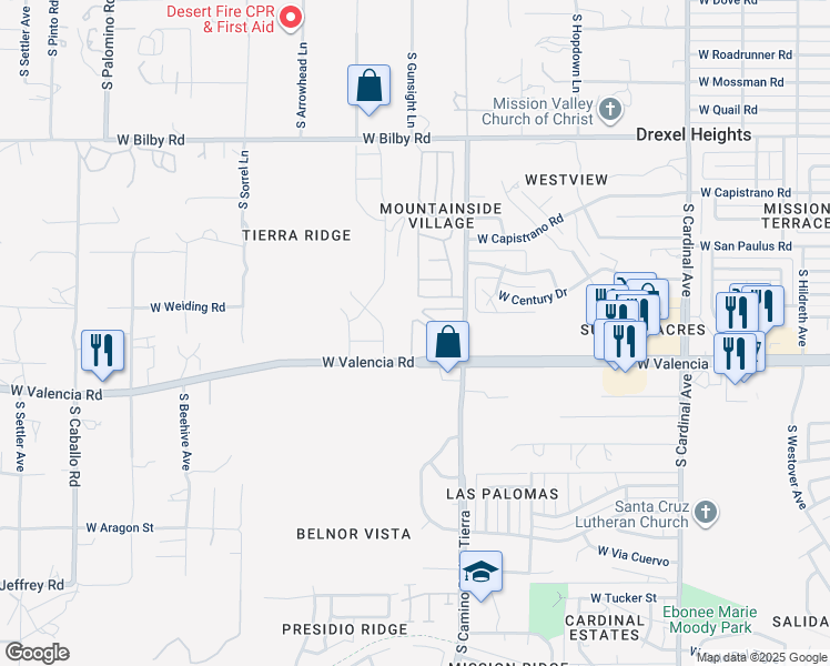 map of restaurants, bars, coffee shops, grocery stores, and more near 3400 West Valencia Road in Tucson