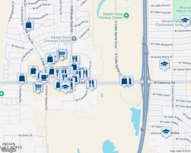 map of restaurants, bars, coffee shops, grocery stores, and more near 1440 West Valencia Road in Tucson
