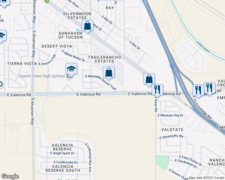 map of restaurants, bars, coffee shops, grocery stores, and more near 4438 East Mesquite Desert Trail in Tucson