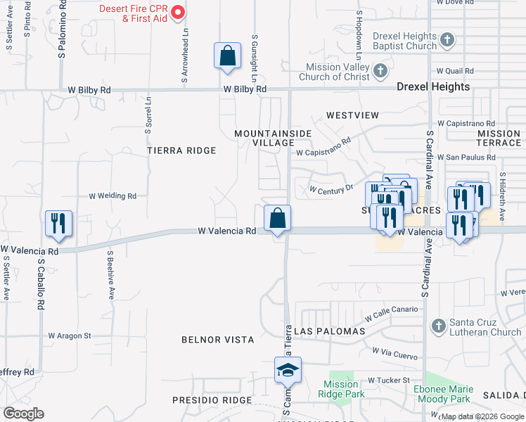 map of restaurants, bars, coffee shops, grocery stores, and more near 3400 West Valencia Road in Tucson