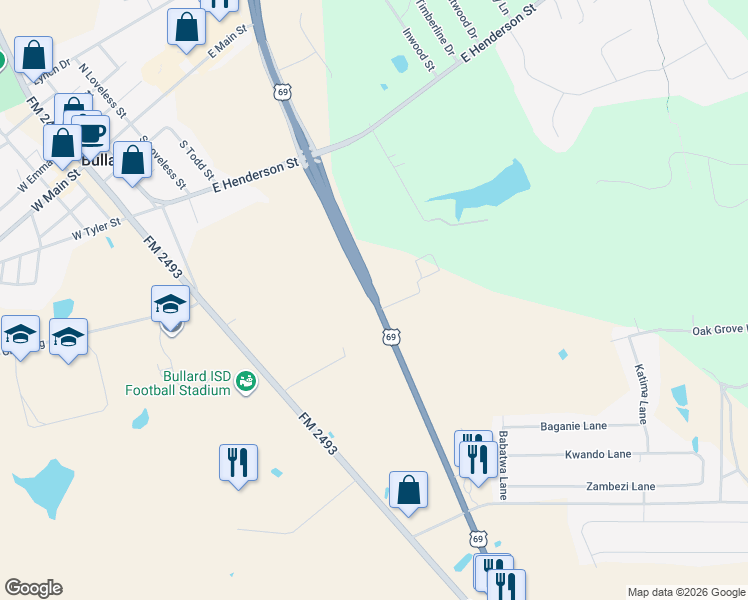 map of restaurants, bars, coffee shops, grocery stores, and more near 432 South Doctor M Roper Parkway in Bullard
