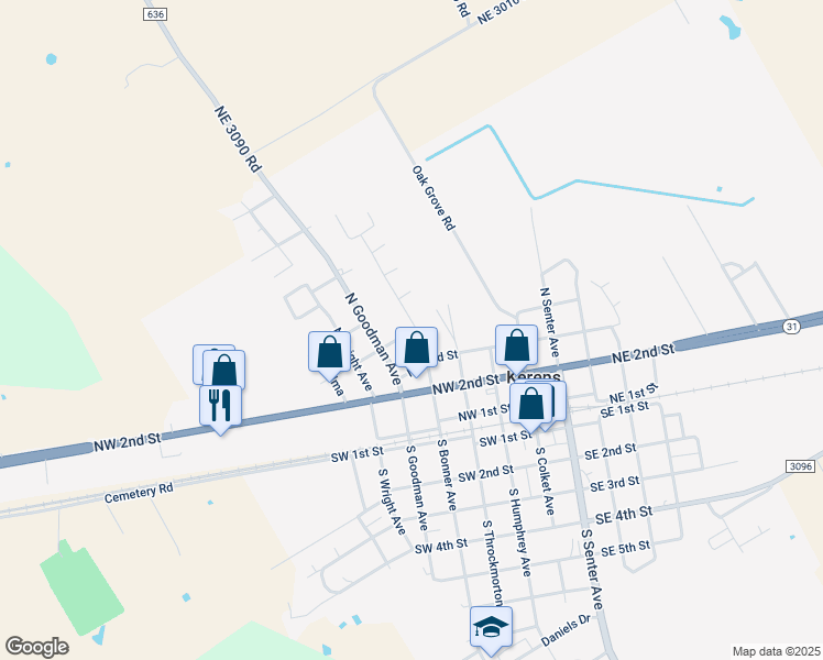 map of restaurants, bars, coffee shops, grocery stores, and more near 317 Overlook Drive in Kerens