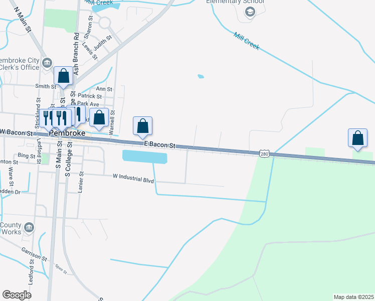 map of restaurants, bars, coffee shops, grocery stores, and more near South Industrial Boulevard in Pembroke