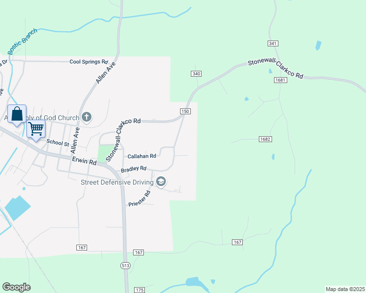 map of restaurants, bars, coffee shops, grocery stores, and more near 100-134 Harper Lane in Stonewall