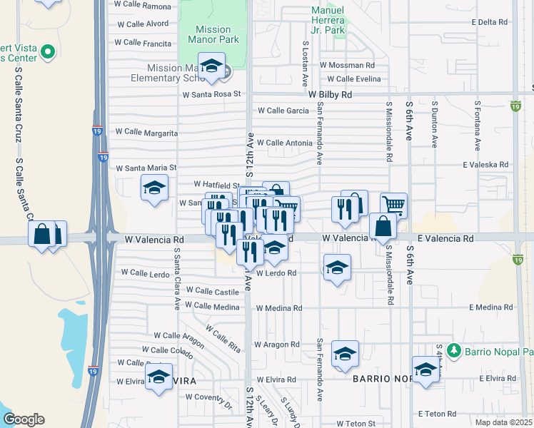 map of restaurants, bars, coffee shops, grocery stores, and more near 402 West Valencia Road in Tucson
