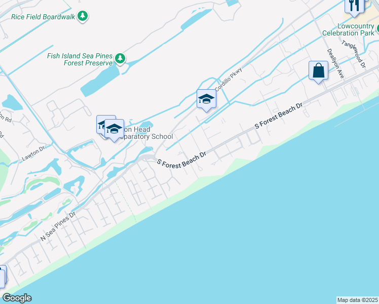 map of restaurants, bars, coffee shops, grocery stores, and more near 4 Hickory Lane in Hilton Head Island