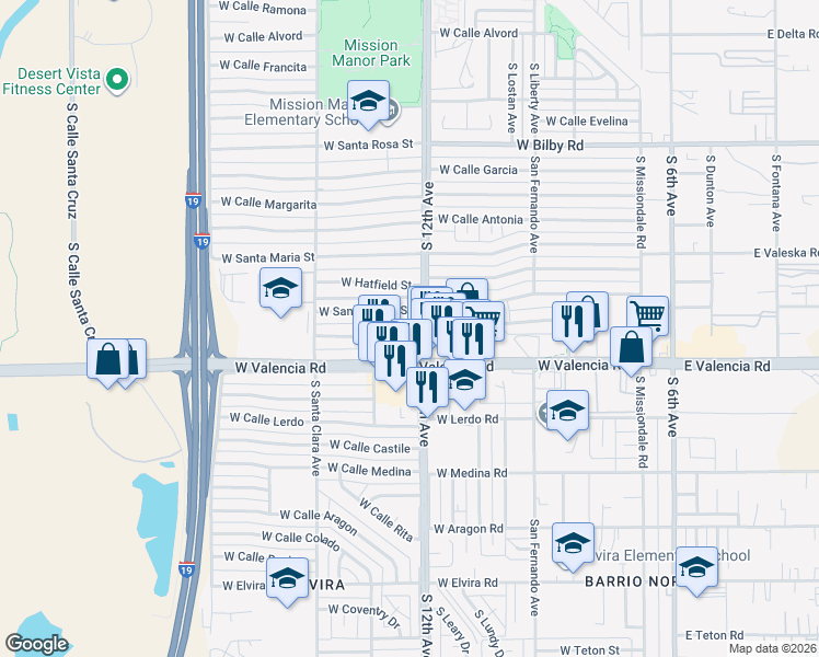 map of restaurants, bars, coffee shops, grocery stores, and more near 670 West Valencia Road in Tucson