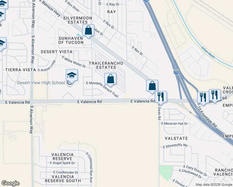 map of restaurants, bars, coffee shops, grocery stores, and more near 4443 East Mesquite Desert Trail in Tucson