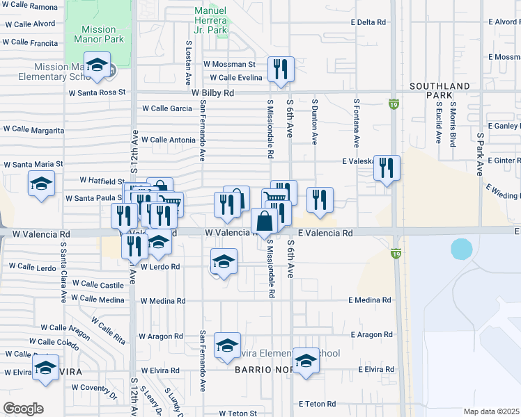 map of restaurants, bars, coffee shops, grocery stores, and more near 190 West Valencia Road in Tucson