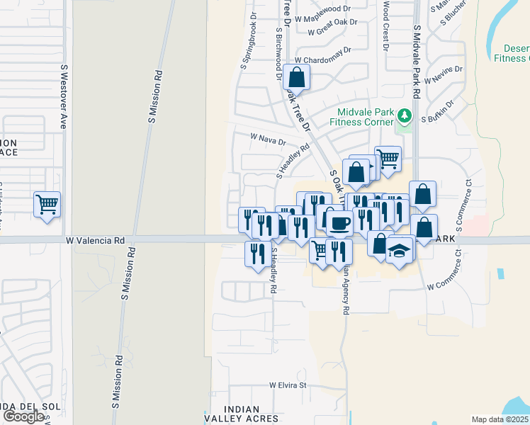 map of restaurants, bars, coffee shops, grocery stores, and more near 1070 South Headley Road in Tucson