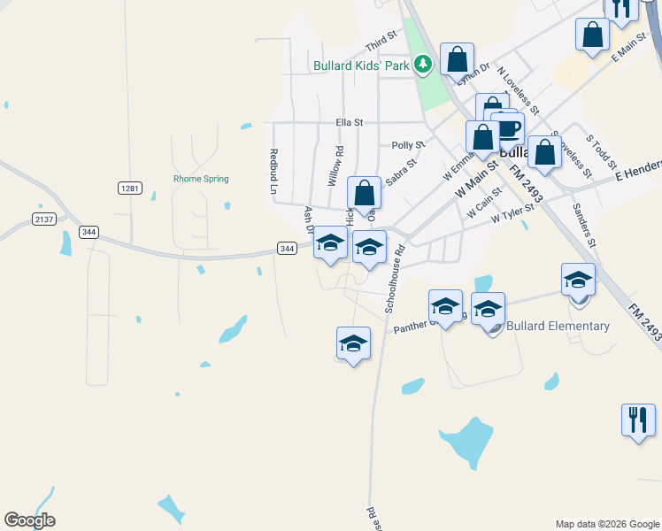 map of restaurants, bars, coffee shops, grocery stores, and more near 909 West Main Street in Bullard