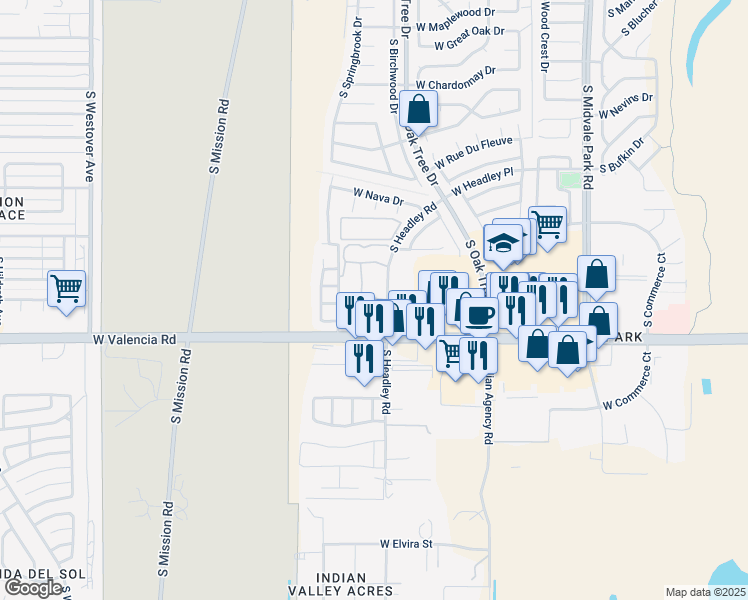 map of restaurants, bars, coffee shops, grocery stores, and more near 1970 West Valencia Road in Tucson