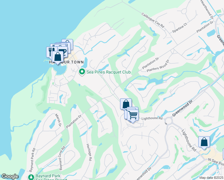 map of restaurants, bars, coffee shops, grocery stores, and more near 57 Plantation Drive in Hilton Head Island