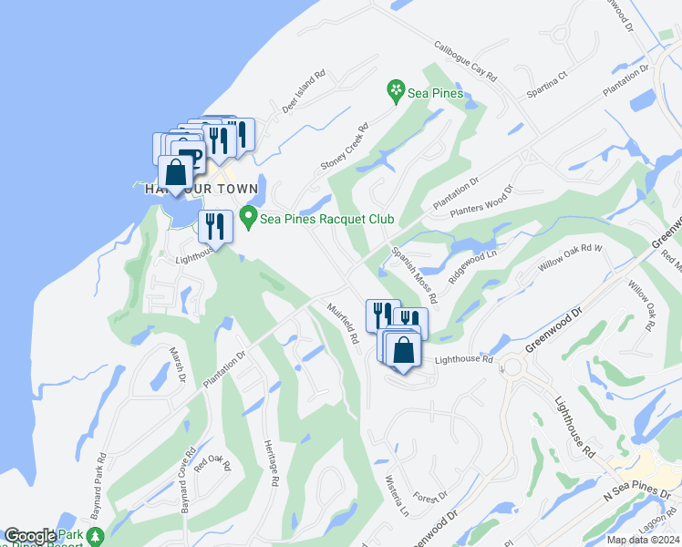 map of restaurants, bars, coffee shops, grocery stores, and more near 57 Plantation Drive in Hilton Head Island