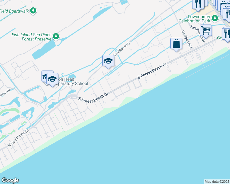 map of restaurants, bars, coffee shops, grocery stores, and more near 8 Firethorn Lane in Hilton Head Island