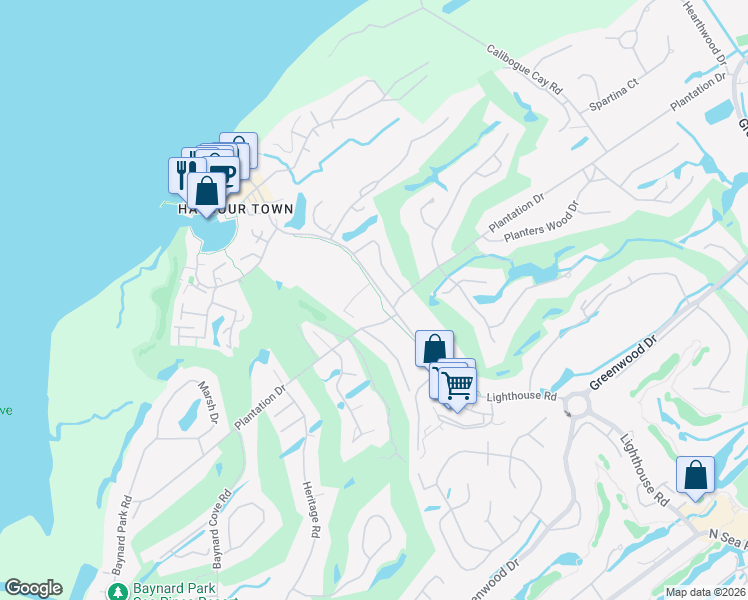 map of restaurants, bars, coffee shops, grocery stores, and more near 101 Lighthouse Road in Hilton Head Island