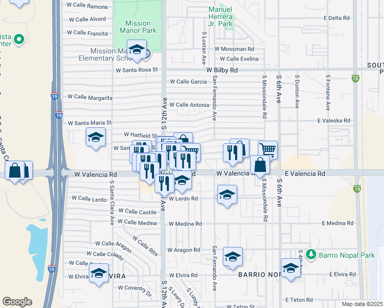 map of restaurants, bars, coffee shops, grocery stores, and more near 334 West Valencia Road in Tucson