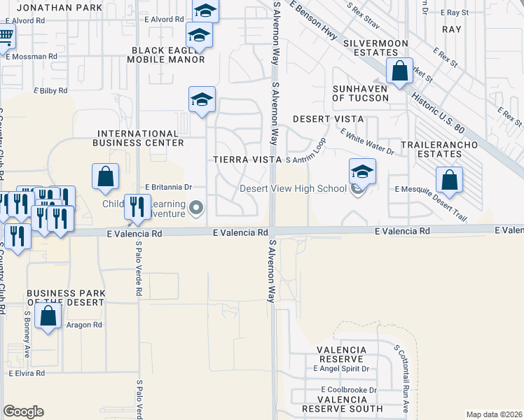 map of restaurants, bars, coffee shops, grocery stores, and more near 6451 South Sunrise Valley Drive in Tucson