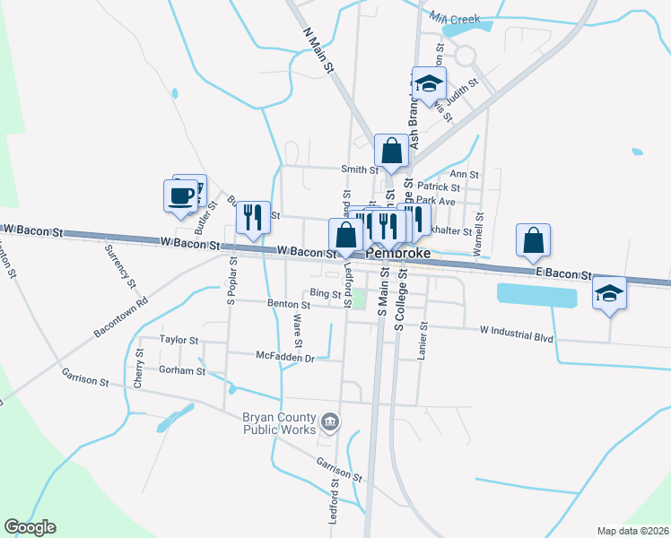 map of restaurants, bars, coffee shops, grocery stores, and more near 159 West Railroad Street in Pembroke