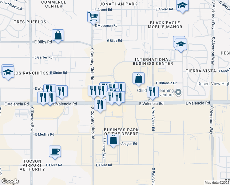 map of restaurants, bars, coffee shops, grocery stores, and more near 3285 East Hemisphere Loop in Tucson
