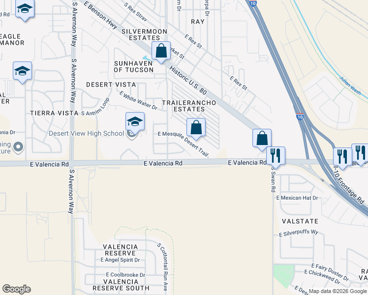 map of restaurants, bars, coffee shops, grocery stores, and more near 4365 East Mesquite Desert Trail in Tucson