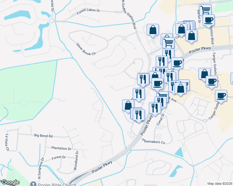 map of restaurants, bars, coffee shops, grocery stores, and more near 118 Manor Row in Pooler