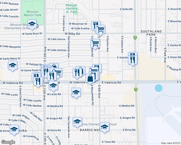 map of restaurants, bars, coffee shops, grocery stores, and more near 180 West Valencia Road in Tucson