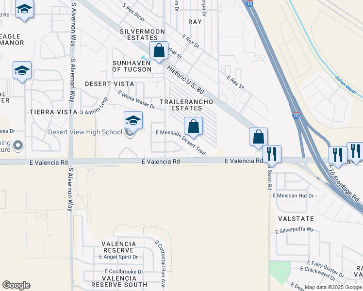map of restaurants, bars, coffee shops, grocery stores, and more near 4365 East Mesquite Desert Trail in Tucson