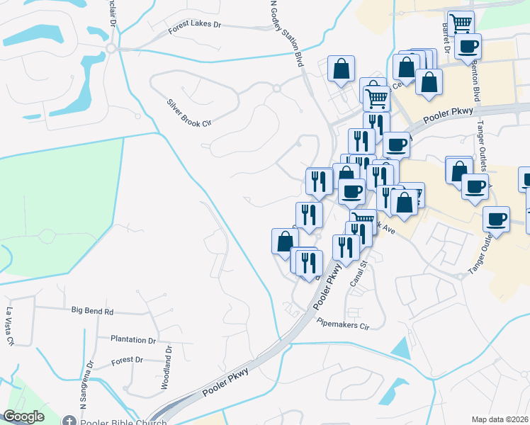 map of restaurants, bars, coffee shops, grocery stores, and more near 113 Manor Row in Pooler